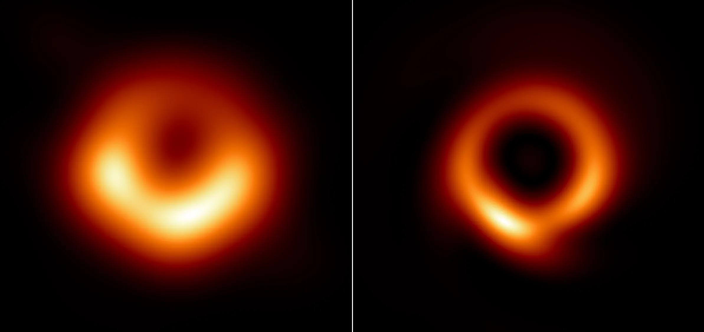 Two images of a black hole, showing the orange ring around a dark center.