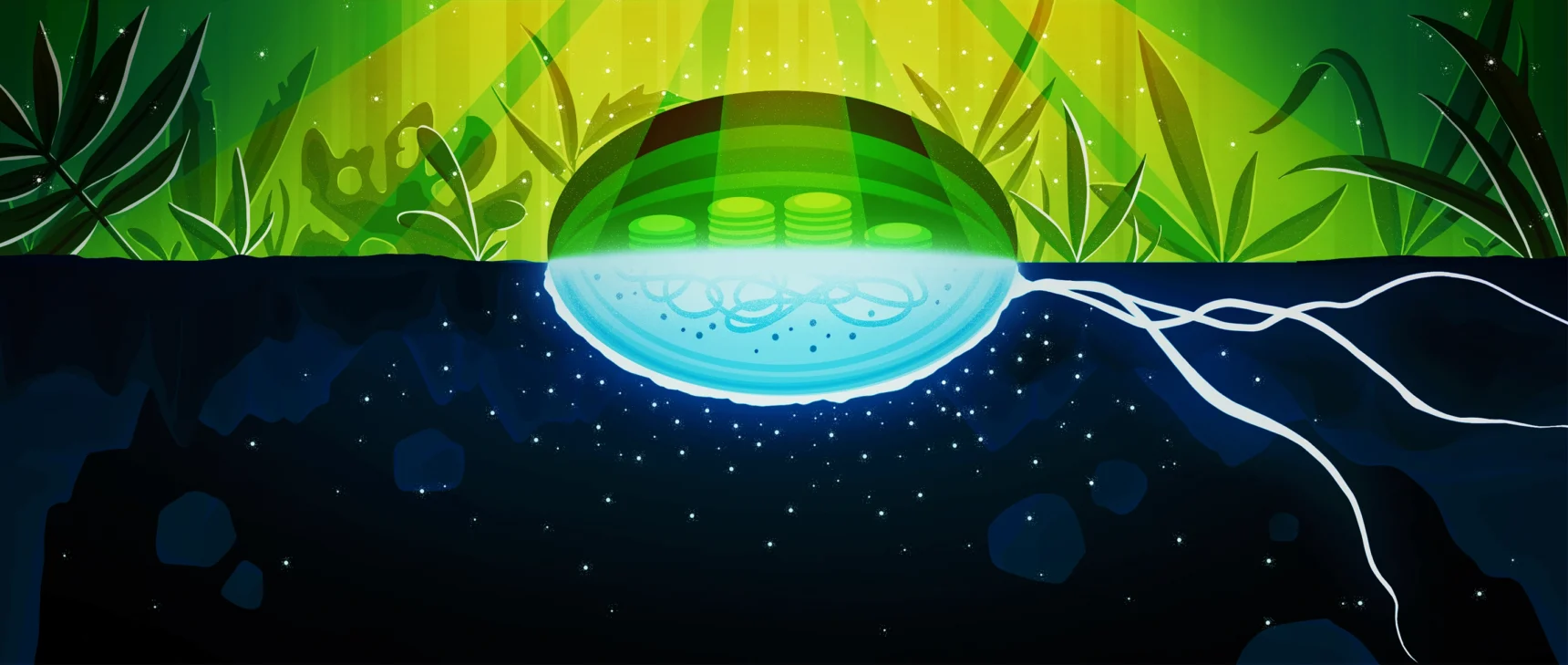 Top of the illustration shows vegetation and half of a chloroplast releasing dots of oxygen. Bottom shows half of a cell in darkness releasing similar dots.