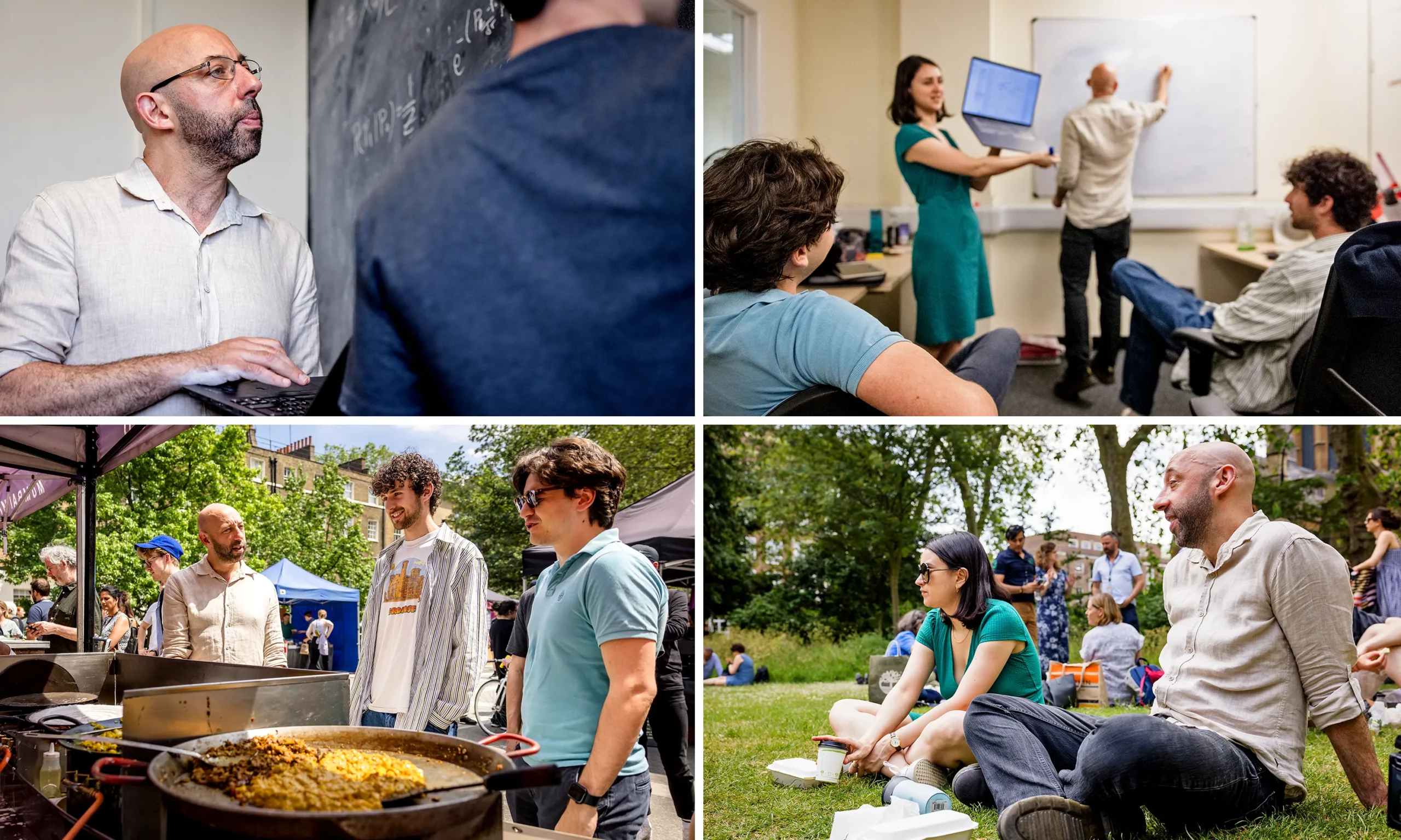 Four images of Oppenheim with his students. In the first, he is studying a chalkboard filled with equations. In the second, a student in a turquoise dress is showing her computer screen to several others while Oppenheim, in the background, writes on a white board. The final two images are of Oppenheim and his students on a lunch outing. It’s a sunny day. We see them ordering from a food stand and then enjoying lunch on a grassy lawn.