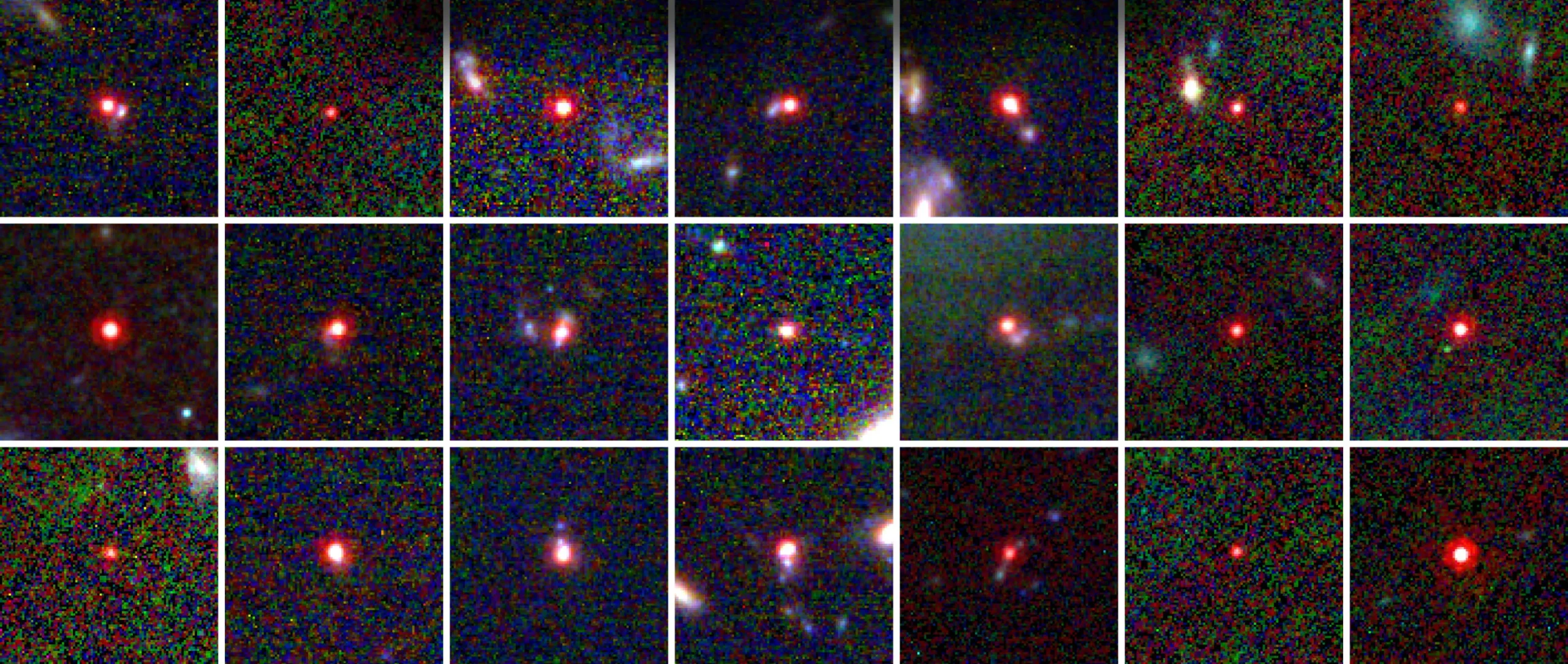 A composite of 15 images from the James Webb Space Telescope. Each image has a glowing red dot — a young galaxy — in its center.