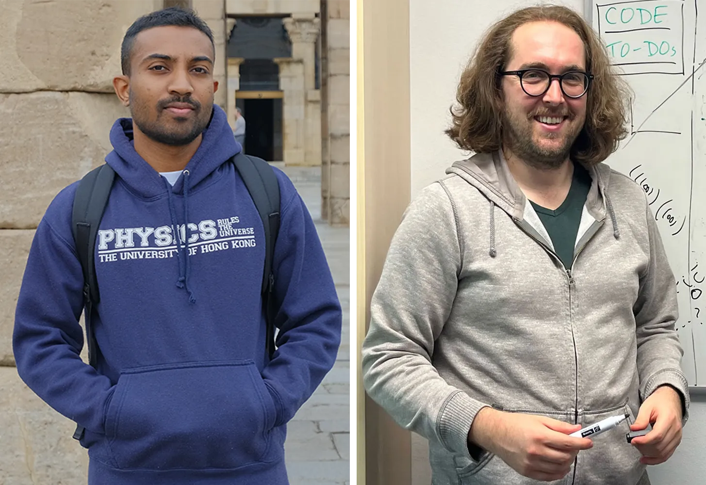 Two images. On the left, Alfred Amruth is in a city plaza, wearing a purple sweatshirt that says “Physics Rules the Universe/The University of Hong Kong.” On the right, Devon Powell stands in front of a whiteboard filled with graphs and equations.