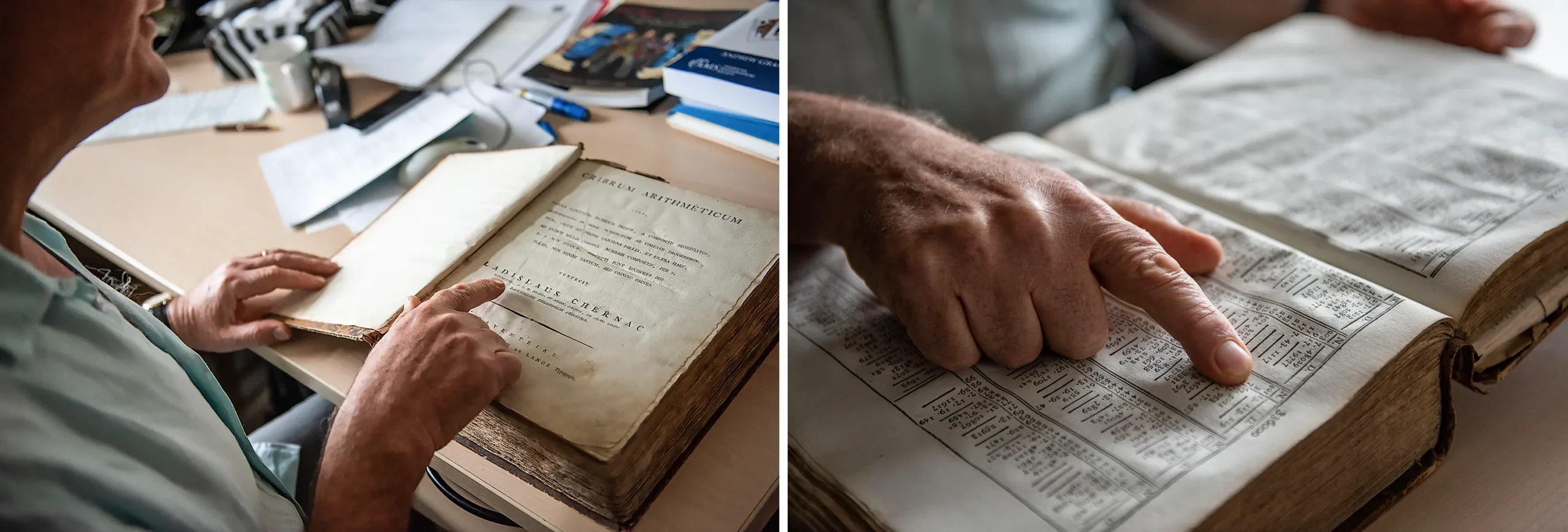 Two photographs showing Granville’s finger scanning through a copy of a 19th-century mathematical text.