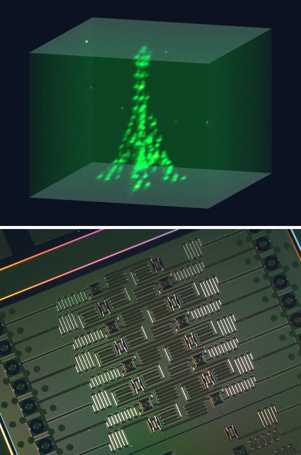 Two images. On the top is an Eiffel Tower built from glowing green dots. On the bottom is a shiny circuit board.