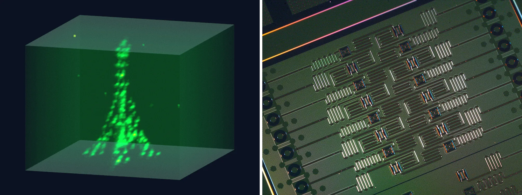 Two images. On the left is an Eiffel Tower built from glowing green dots. On the right is a shiny circuit board.