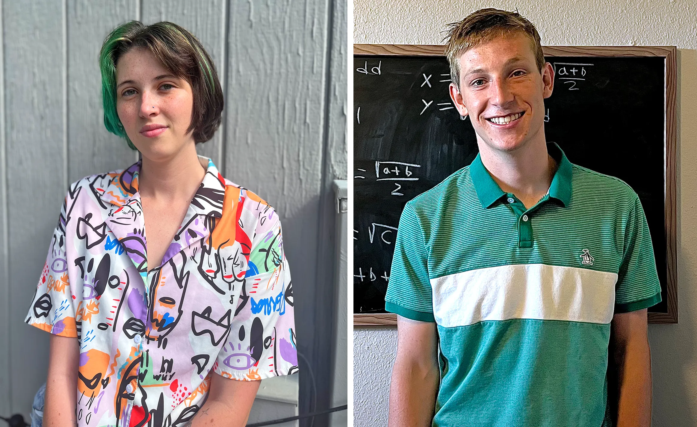 A young woman in a bright shirt and a young man in front of a chalk board.