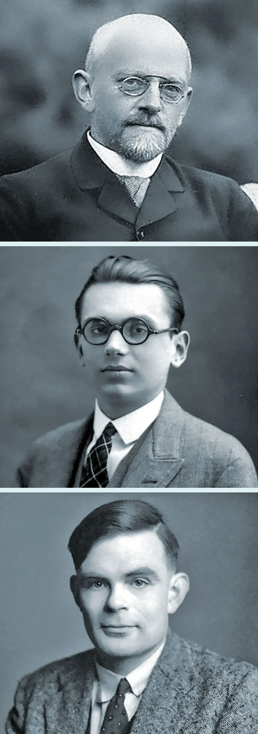 Black-and-white photographs of David Hilbert, Kurt Gödel and Alan Turing, all wearing suits.