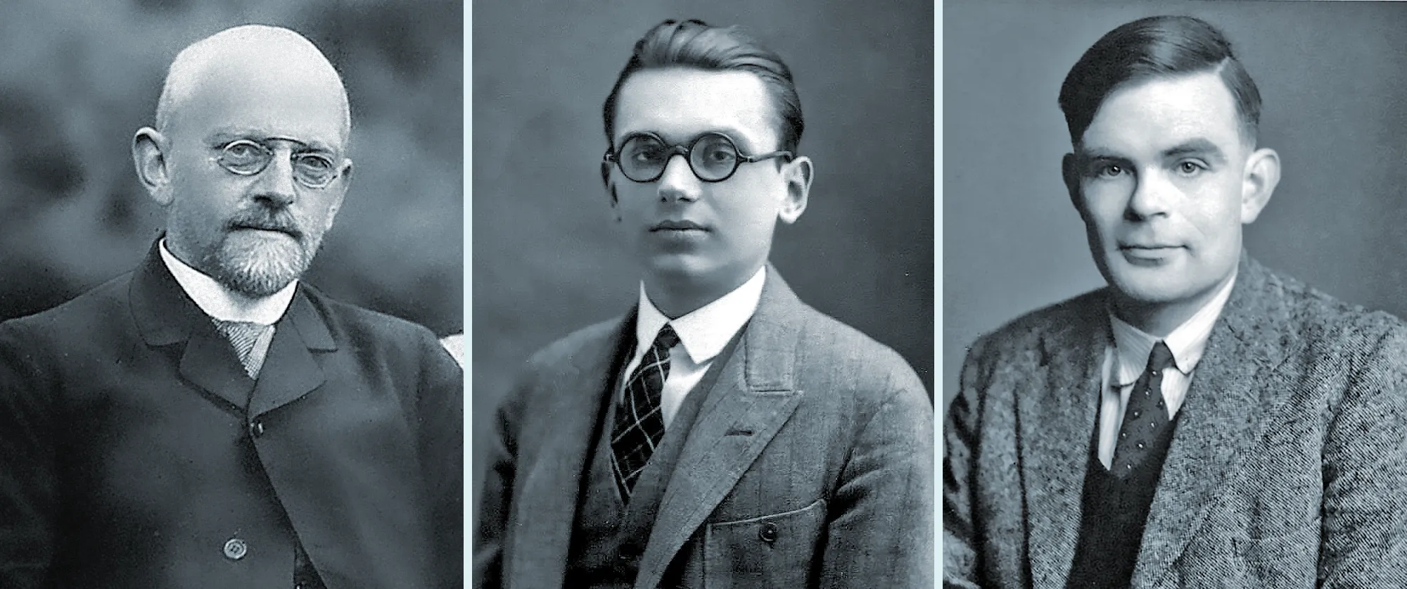 Black-and-white photographs of David Hilbert, Kurt Gödel and Alan Turing, all wearing suits.