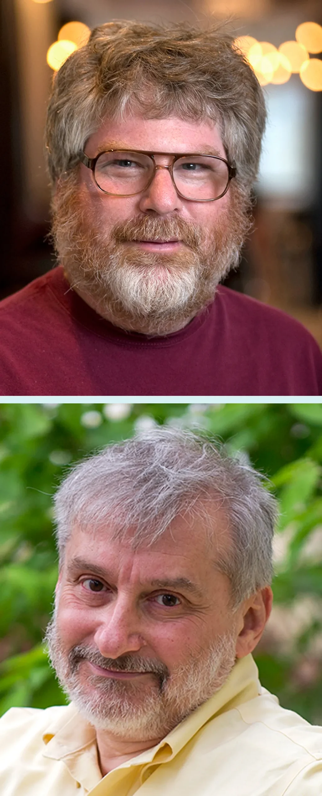 Photographs of Russell Impagliazzo, in a red sweater, and Leonid Levin, sitting outside in a yellow shirt.