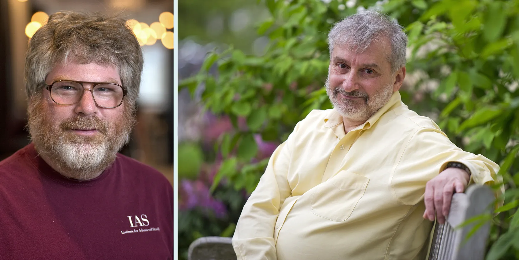 Photographs of Russell Impagliazzo, in a red sweater, and Leonid Levin, sitting outside in a yellow shirt.