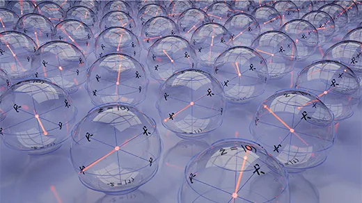 A representation of cubits. In this image, they look like fragile bubbles arranged in a grid. Each bubble has similar mathematical markings on it, but they each have an illuminated arrow in their center that’s pointing a different way.