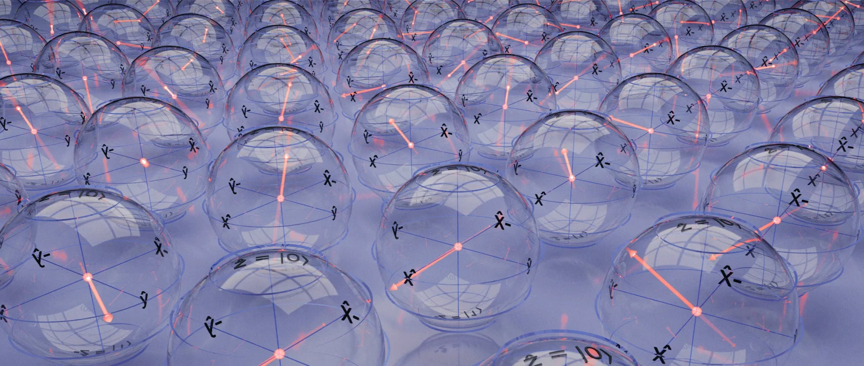 A representation of cubits. In this image, they look like fragile bubbles arranged in a grid. Each bubble has similar mathematical markings on it, but they each have an illuminated arrow in their center that’s pointing a different way.