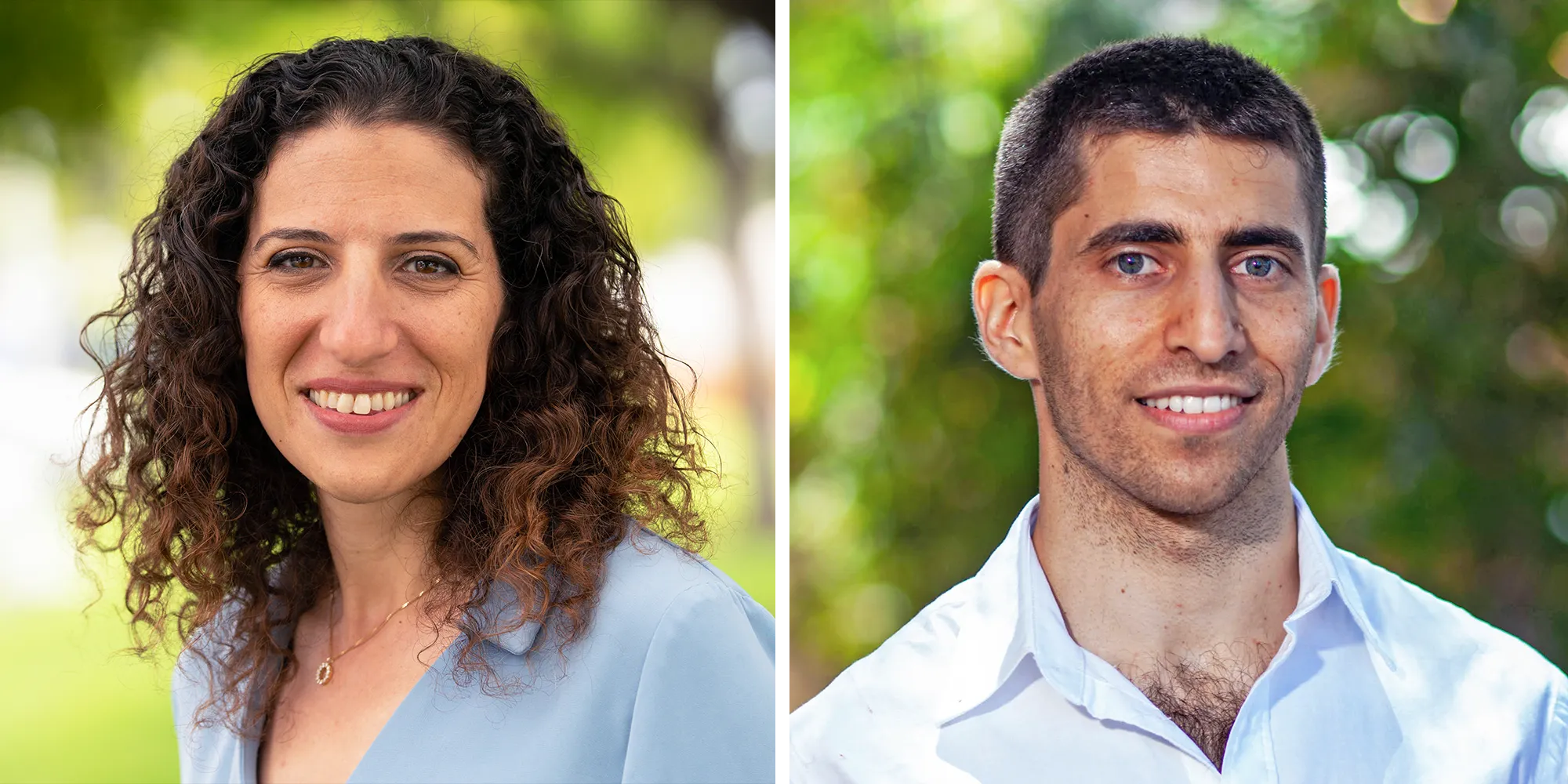 Headshots of Liad Mudrik, a neuroscientist and philosopher at Tel Aviv University, and her doctoral student Itay Yaron standing outside.