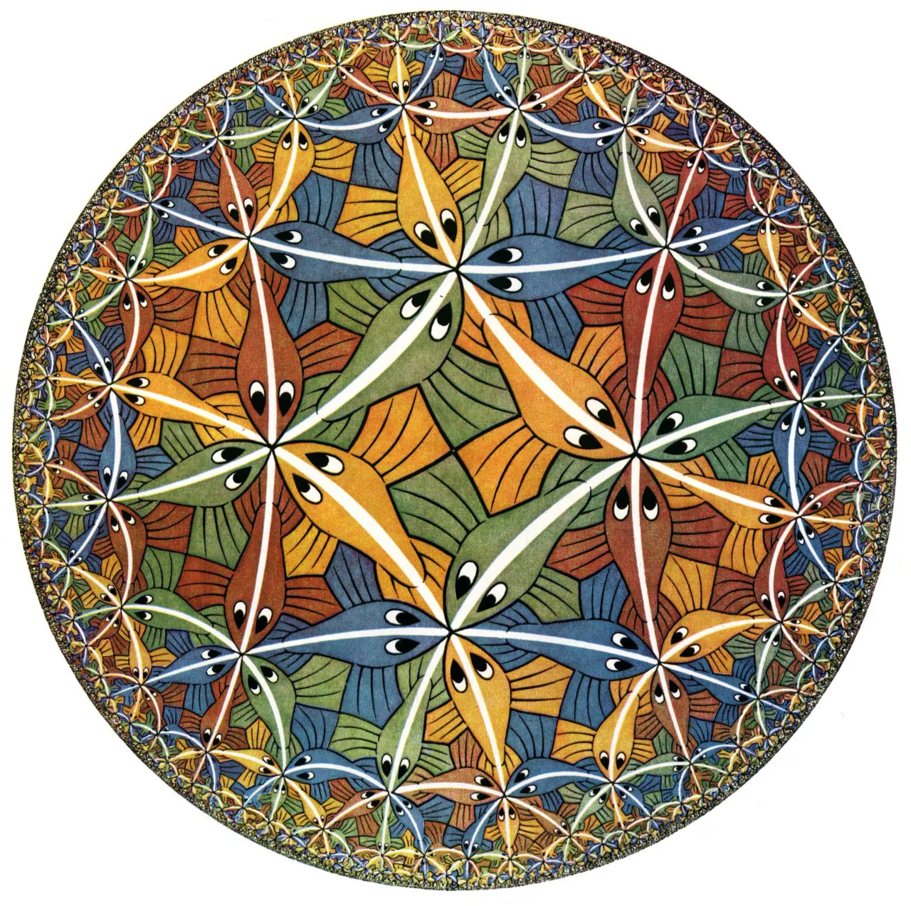 M.C. Escher’s Circle Limit III, showing tiled fish in a hyperbolic geometry.