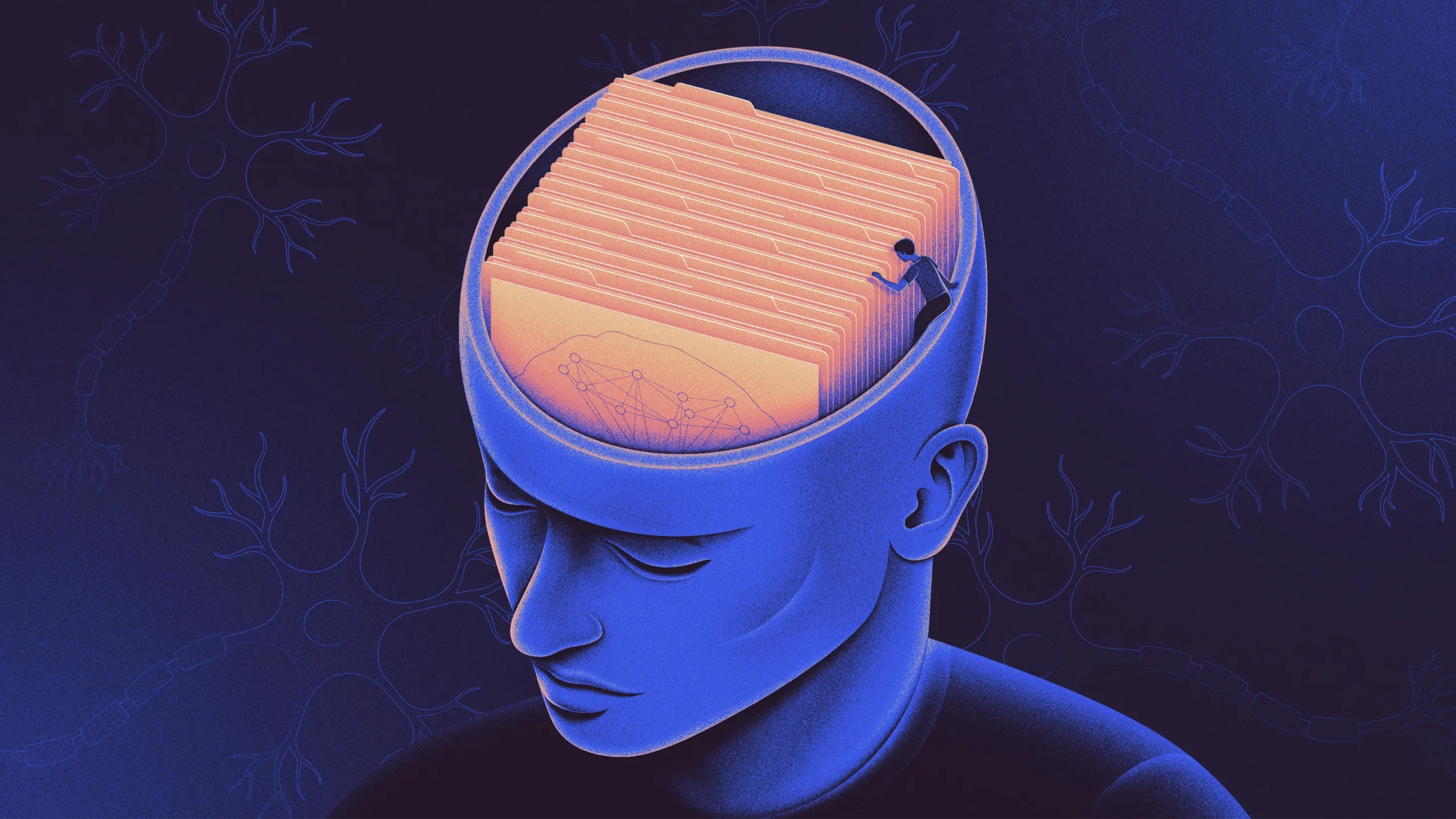 Illustration of someone looking through files of hanging folders inside a large human head.