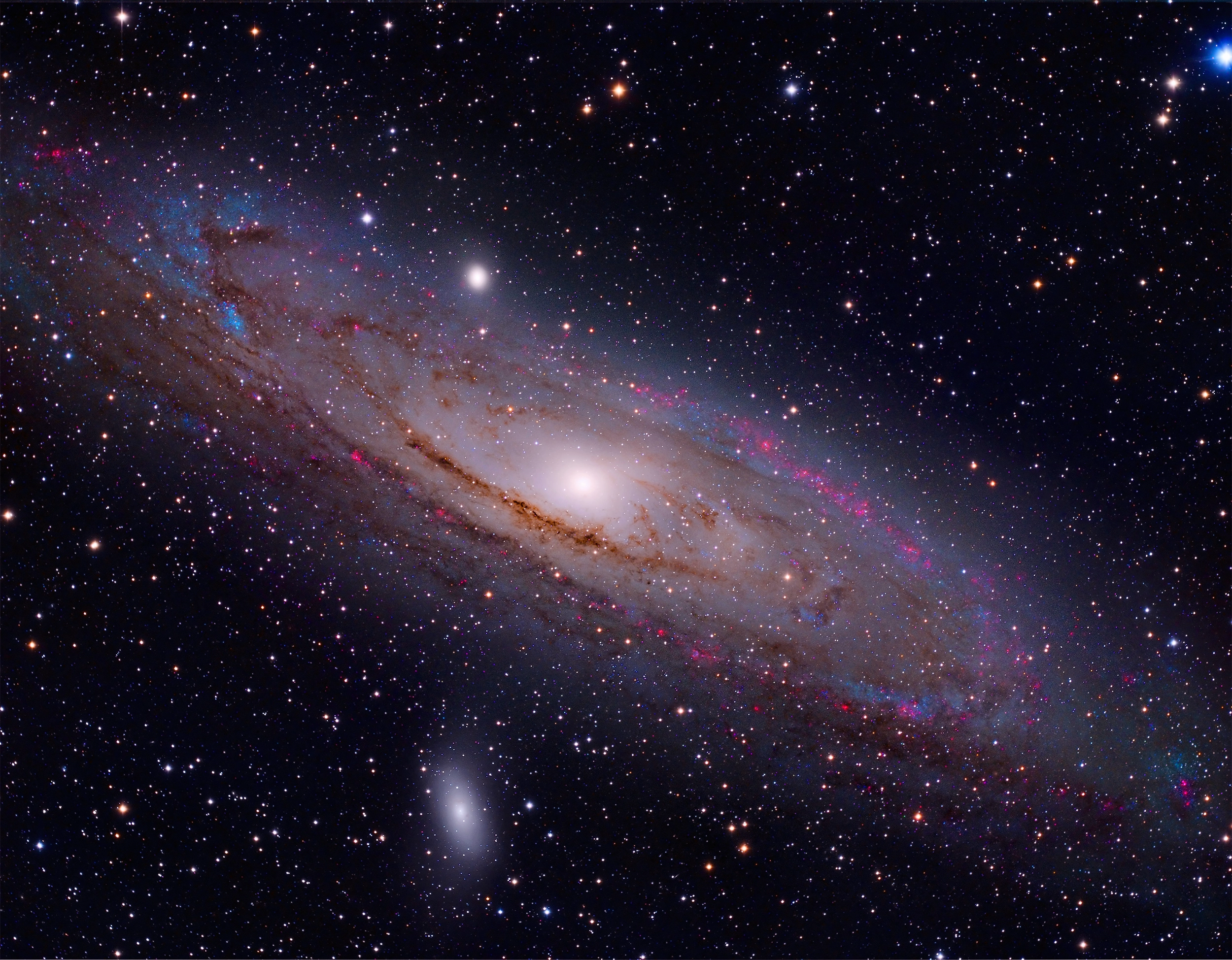 A photo of the Andromeda galaxy. The galaxy’s spiral arms sparkle with stars.