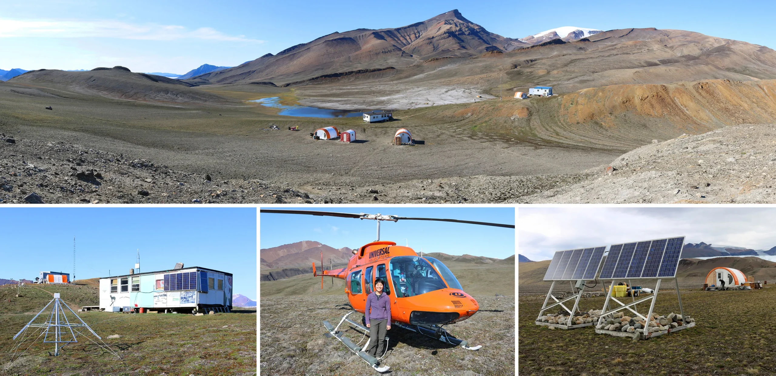 Four images. The first is a panorama of an Arctic field station. The ground is mostly barren and there's a small cluster of buildings in front of a bluff, with a glacier in the background. At lower left, a white antenna, shaped like a pyramid, sits in front of a building covered in solar panels. Next, Chiang stands in front of a bright orange helicopter, smiling. Last, an image of solar panels with a building in the background.