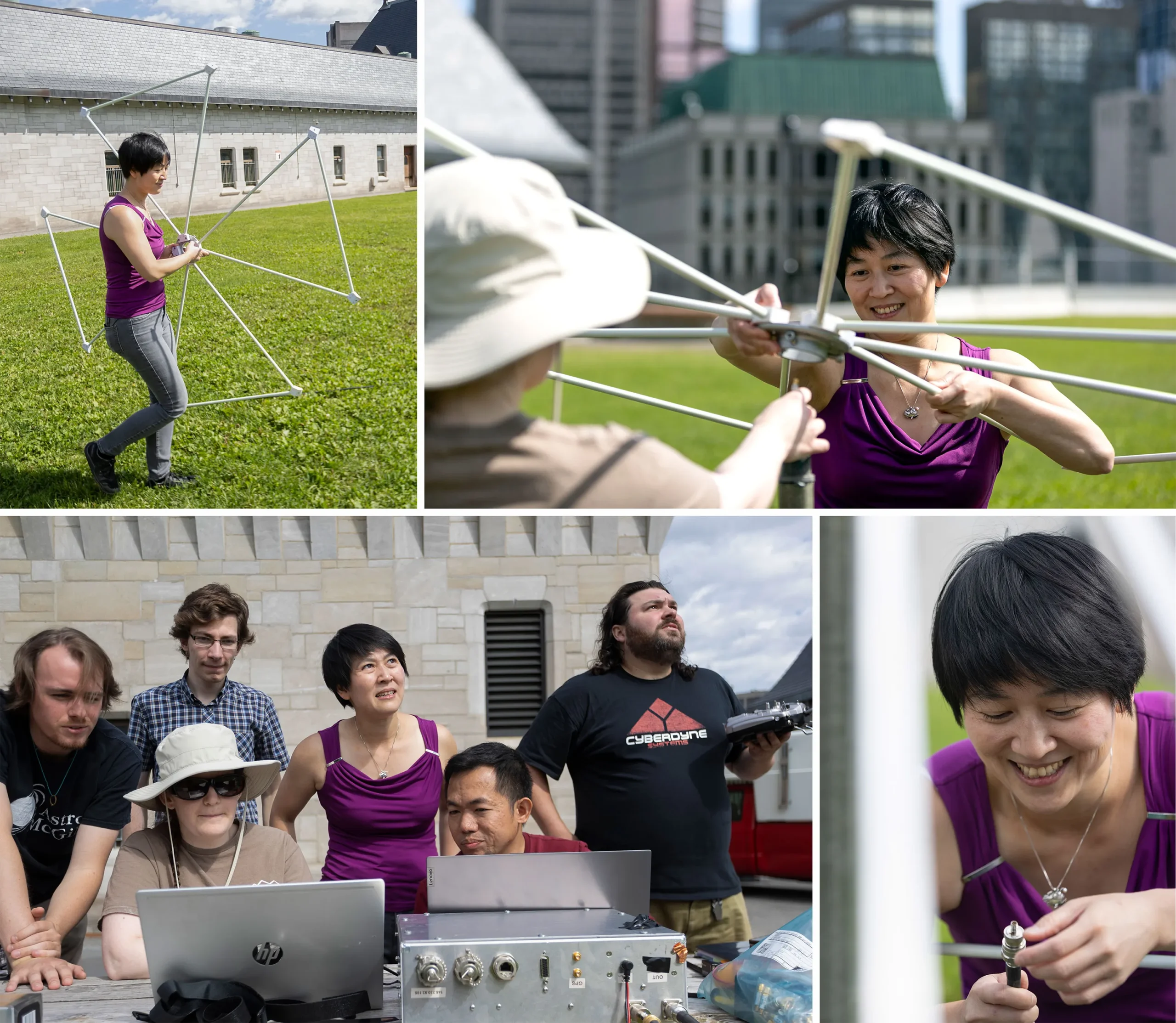 Four images of Chiang and her research group. They are outside on the McGill campus. In one of them, Chiang is carrying a large, flower-shaped antenna across a lawn. In the next, she and a colleague are fiddling with it. The third image is a close-up of Chiang working with equipment. The last image shows six people, including Chiang, working behind laptops; Chiang is staring at the sky, watching a drone.