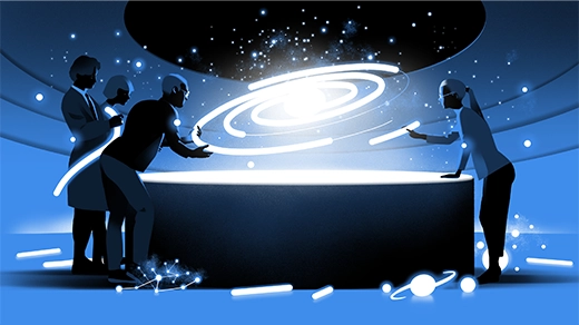 An illustration. Four scientists are standing around a spherical table. An illuminated, partially built spiral galaxy hovers above the table. The scientists are adding curved, glowing pieces to the galaxy. On the floor beside them are additional galactic building blocks including stars and star clusters.