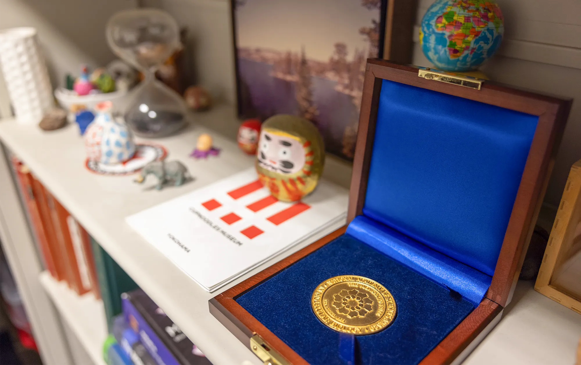 Photo of shelves in Carrie Partch’s office that hold a variety of books and knickknacks, and a flat gold medallion in a wooden case lined with blue fabric.