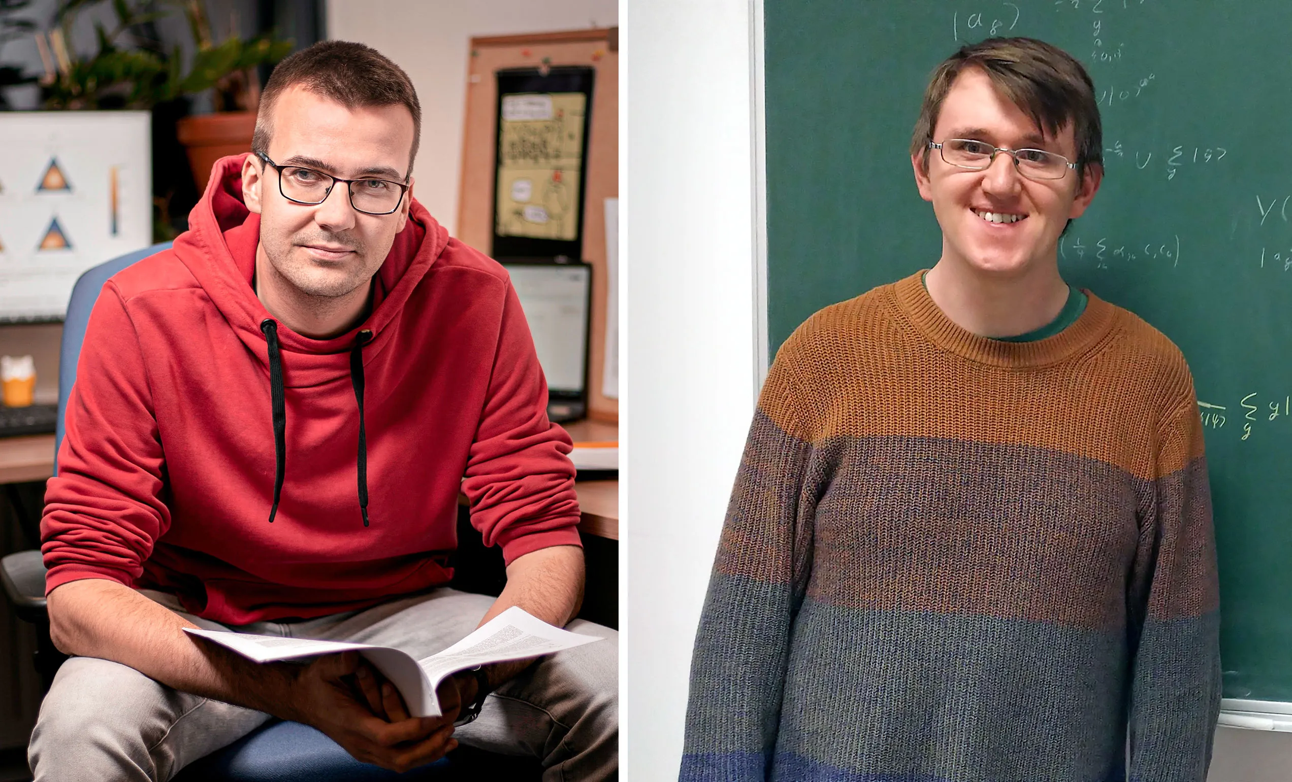 Left: A man wearing a red hoodie sits in his office, leaning forward and holding an academic paper. Right: A man in a sweater stands in front of a blackboard.