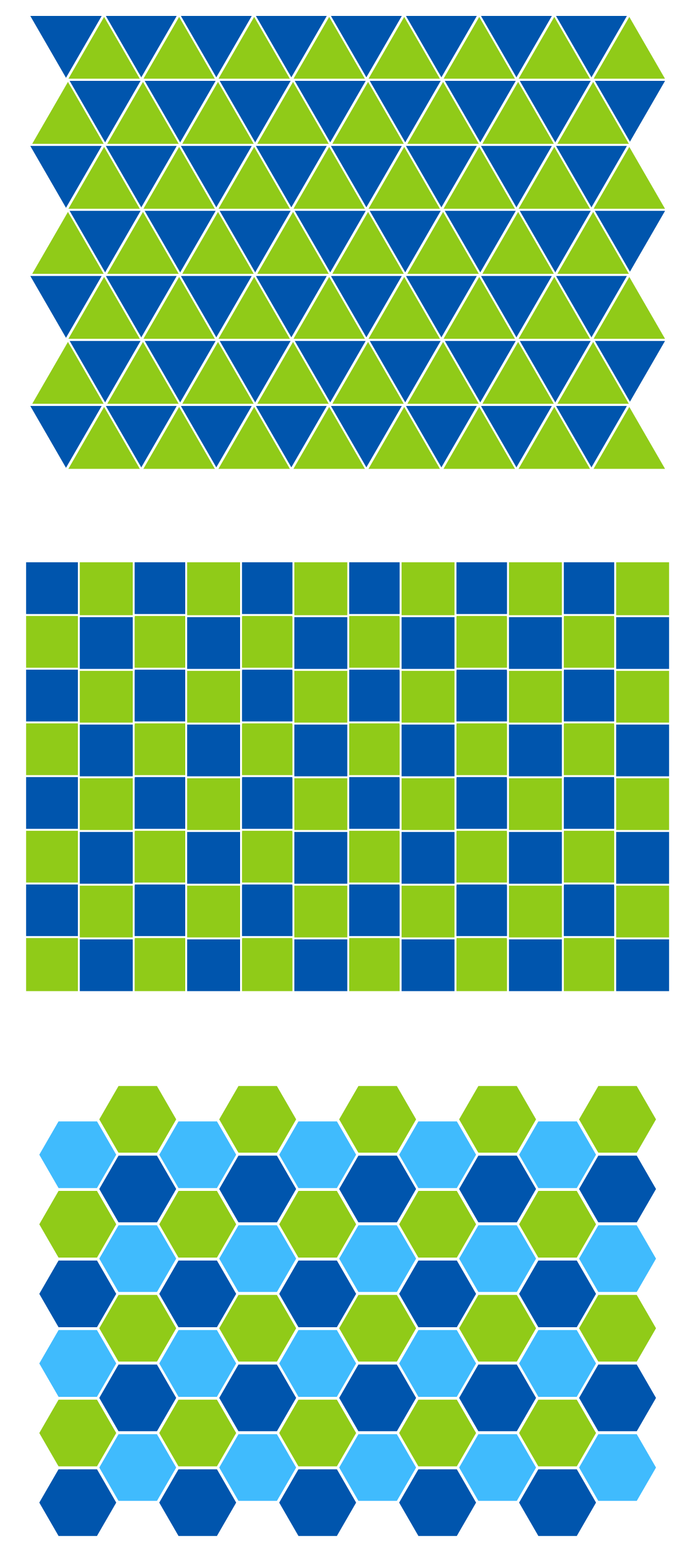 Tilings made of triangles, squares and hexagons.