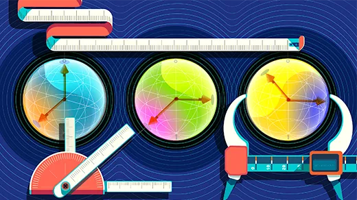 An illustration of calipers, a tape measure and a protractor attempting to measure the properties of three spherical qubits.