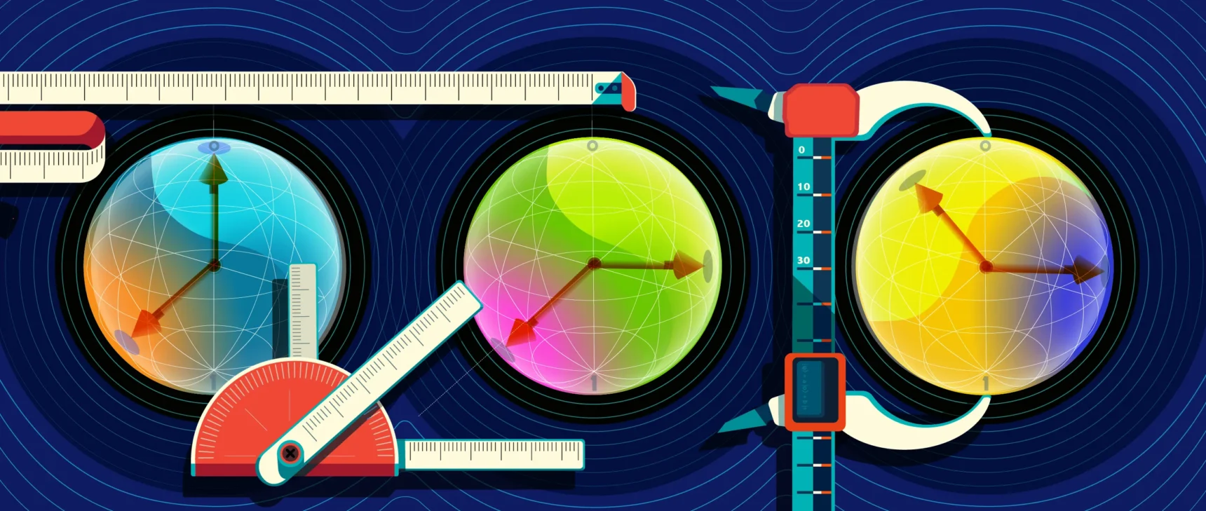 An illustration of calipers, a tape measure and a protractor attempting to measure the properties of three spherical qubits.