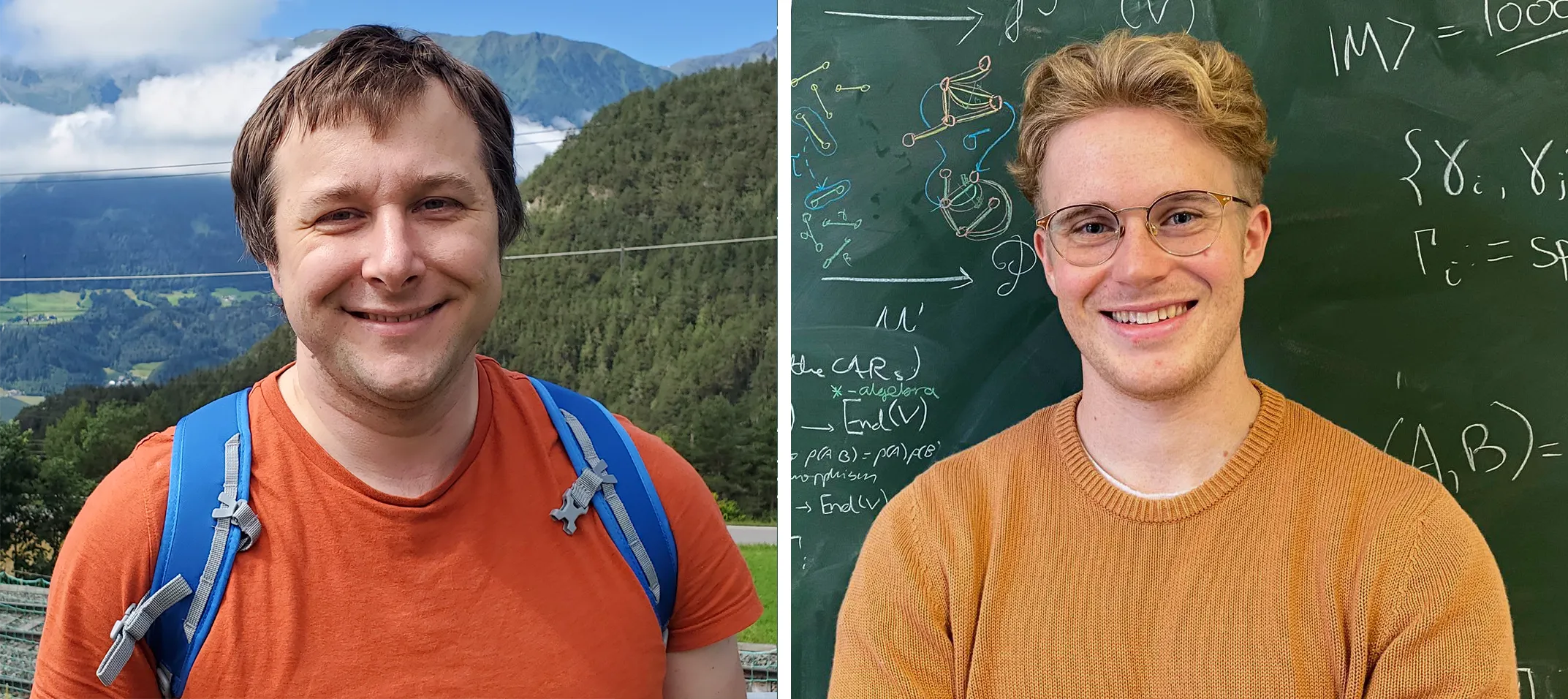 Left: A man wearing an orange T-shirt stands with forested mountains behind him. Right: A man in an orange sweater stands in front of a blackboard covered in notes about quantum information.