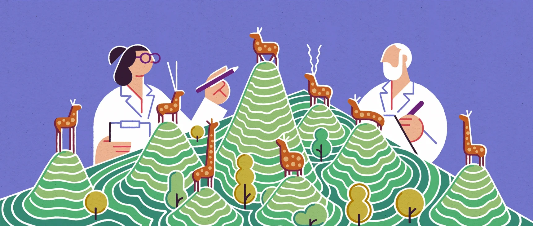 Illustration of a miniature landscape with many peaks, and with small creatures of different forms standing on those peaks. Scientists in lab coats watch the creatures.