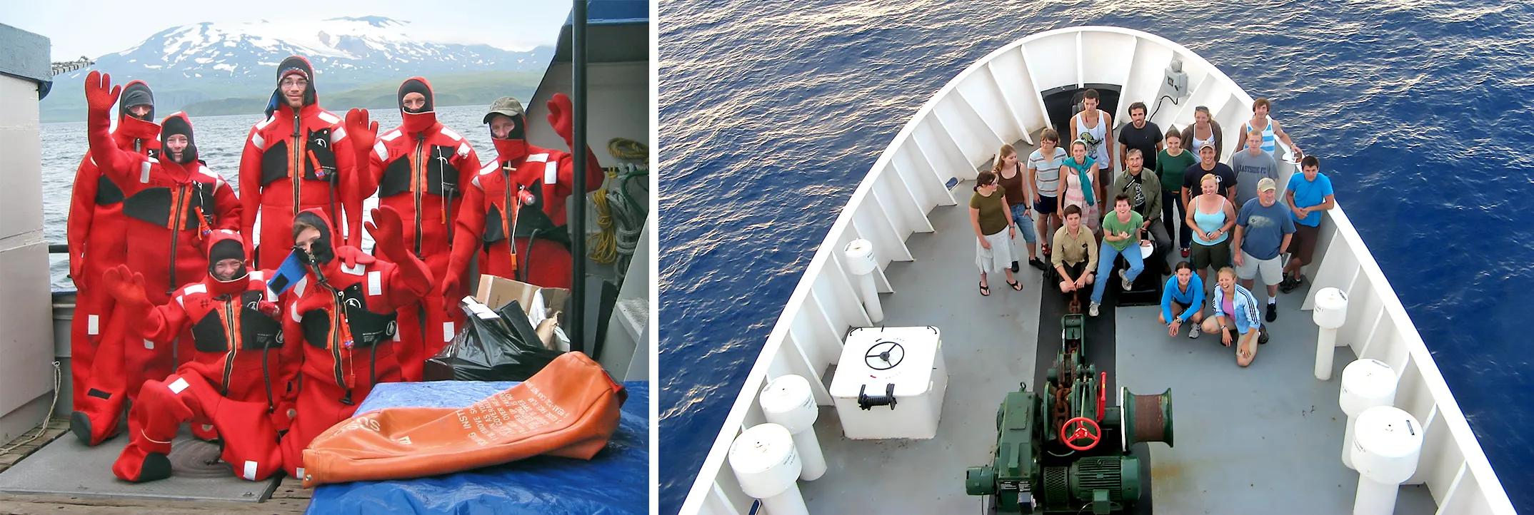 Two images. At left, seven scientists are posing in red safety suits. They’re aboard a boat, off the coast of the western Aleutian Islands, and mountains are visible in the background. On the right, a photo of a group of 19 scientists on the bow of a boat. The image is snapped from above, and the group is looking up at the camera and smiling.