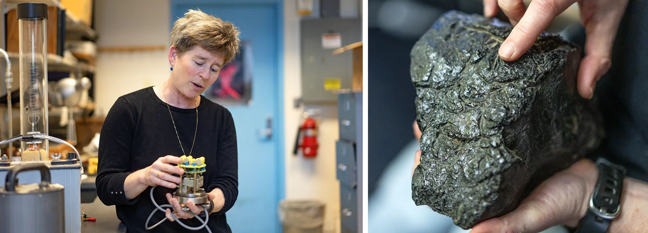 Two images. At right, Caplan-Auerbach holds one of the seismometers she uses for fieldwork. It's around the size of a large beer stein. At left, the image is zoomed in on a rock, which is dark and has a texture that looks kind of bubbly.