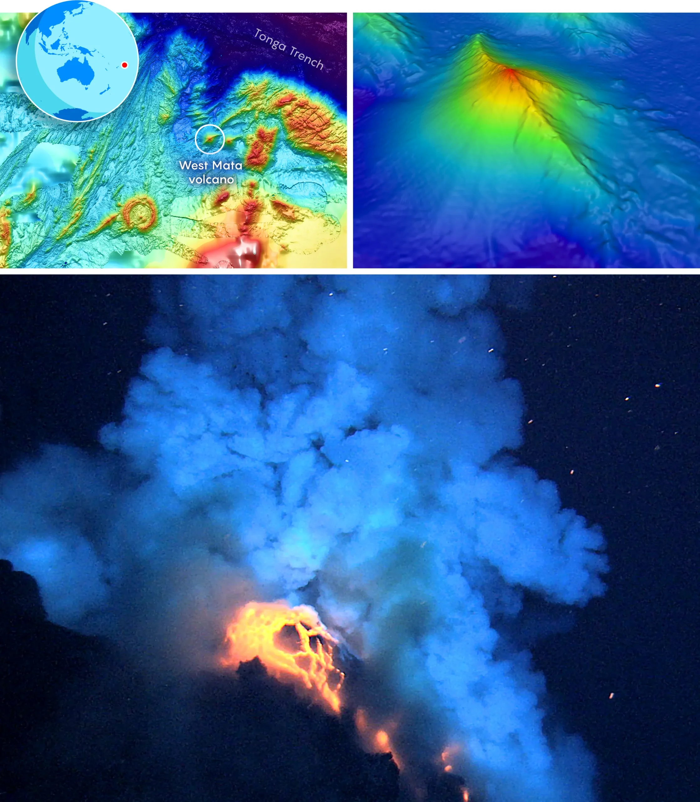 Three images. Top left: a topographic map of the seafloor near the West Mata volcano, with colors corresponding to depth. Higher points are colored red, lower ones are deep blue. A small map is overlaid on the image, showing the volcano’s location off the east coast of Australia. Top right: a zoomed-in look at the summit of the West Mata volcano, using the same color scheme as the larger map. Its peak is bright red. Bottom image: a photograph of the West Mata volcano erupting. Molten lava is visible, along with murky clouds in the water.