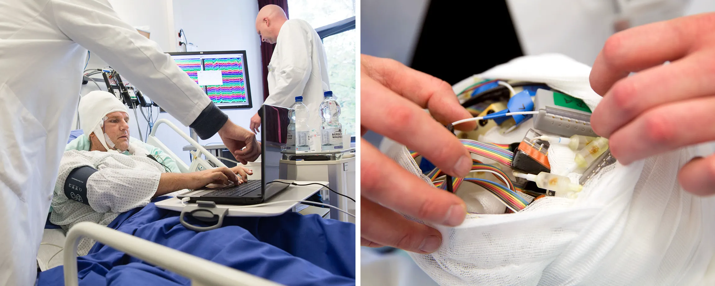 A patient with bandages wrapped around their head lies in a hospital bed. A closer look at the bandaged area shows wires and computer chips installed inside the patient’s head.