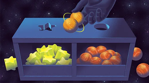 An illustration of a hand holding a pair of orange, planetlike objects that orbit one another. Behind it is a box full of reddish planets and green stars. There are two slots at the top of the box. One is shaped like a star, and the other is round, like a planet. The pair of planets doesn’t fit into either slot.