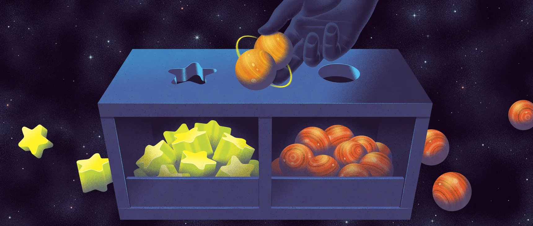 An illustration of a hand holding a pair of orange, planetlike objects that orbit one another. Behind it is a box full of reddish planets and green stars. There are two slots at the top of the box. One is shaped like a star, and the other is round, like a planet. The pair of planets doesn’t fit into either slot.