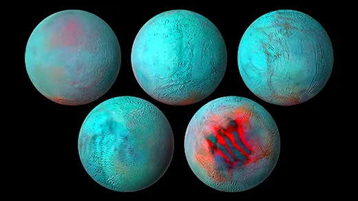 A composite of five images of Enceladus, seen in infrared light. The moon is mostly blue and cool, but warm red stripes — the sites of the moon’s geysers — are carved into its south pole.