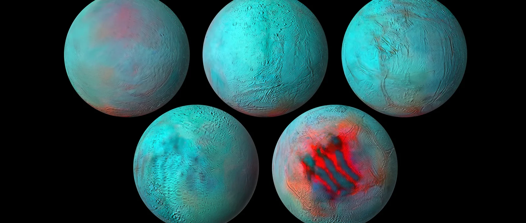 A composite of five images of Enceladus, seen in infrared light. The moon is mostly blue and cool, but warm red stripes — the sites of the moon’s geysers — are carved into its south pole.