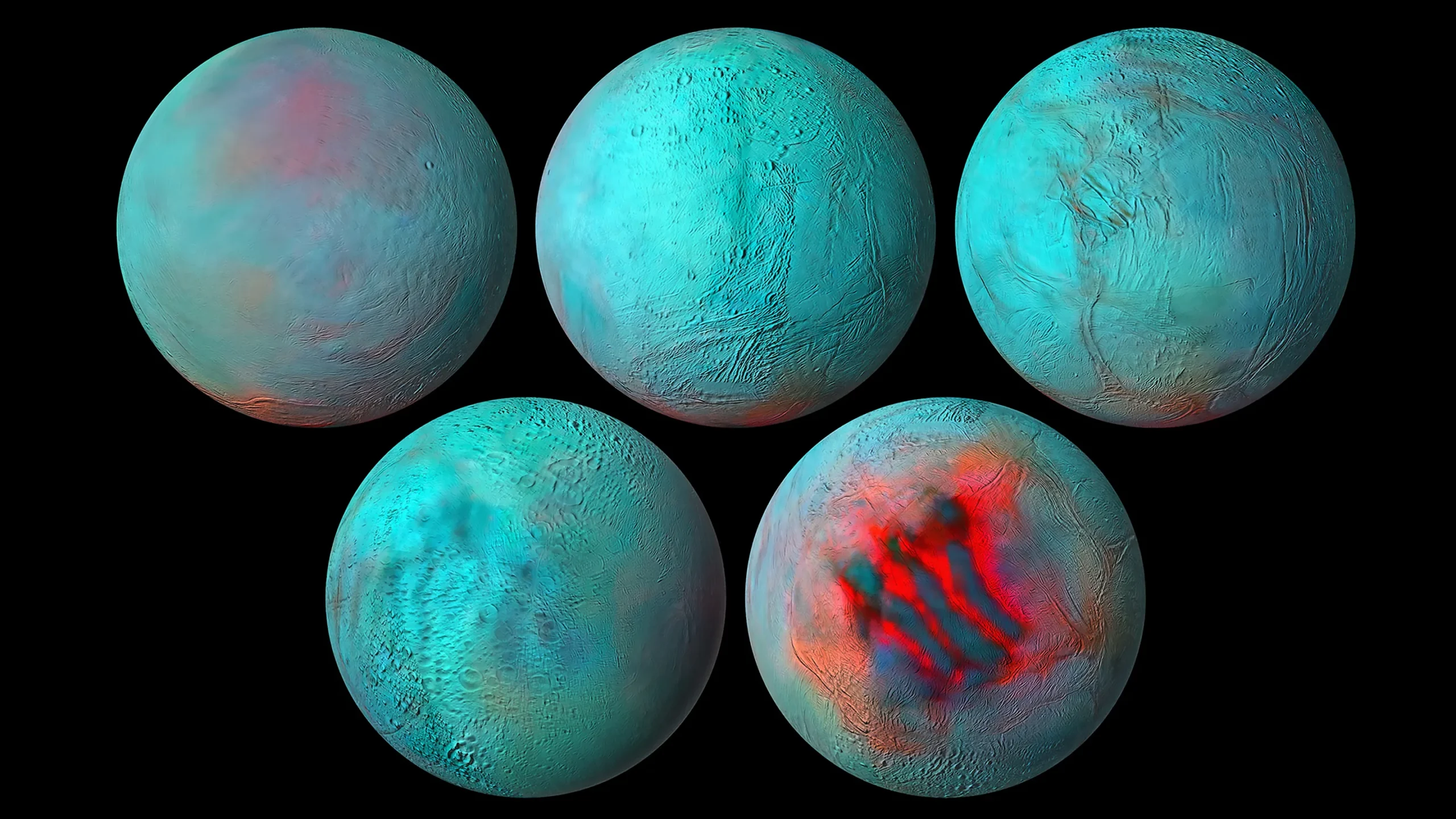 A composite of five images of Enceladus, seen in infrared light. The moon is mostly blue and cool, but warm red stripes — the sites of the moon’s geysers — are carved into its south pole.