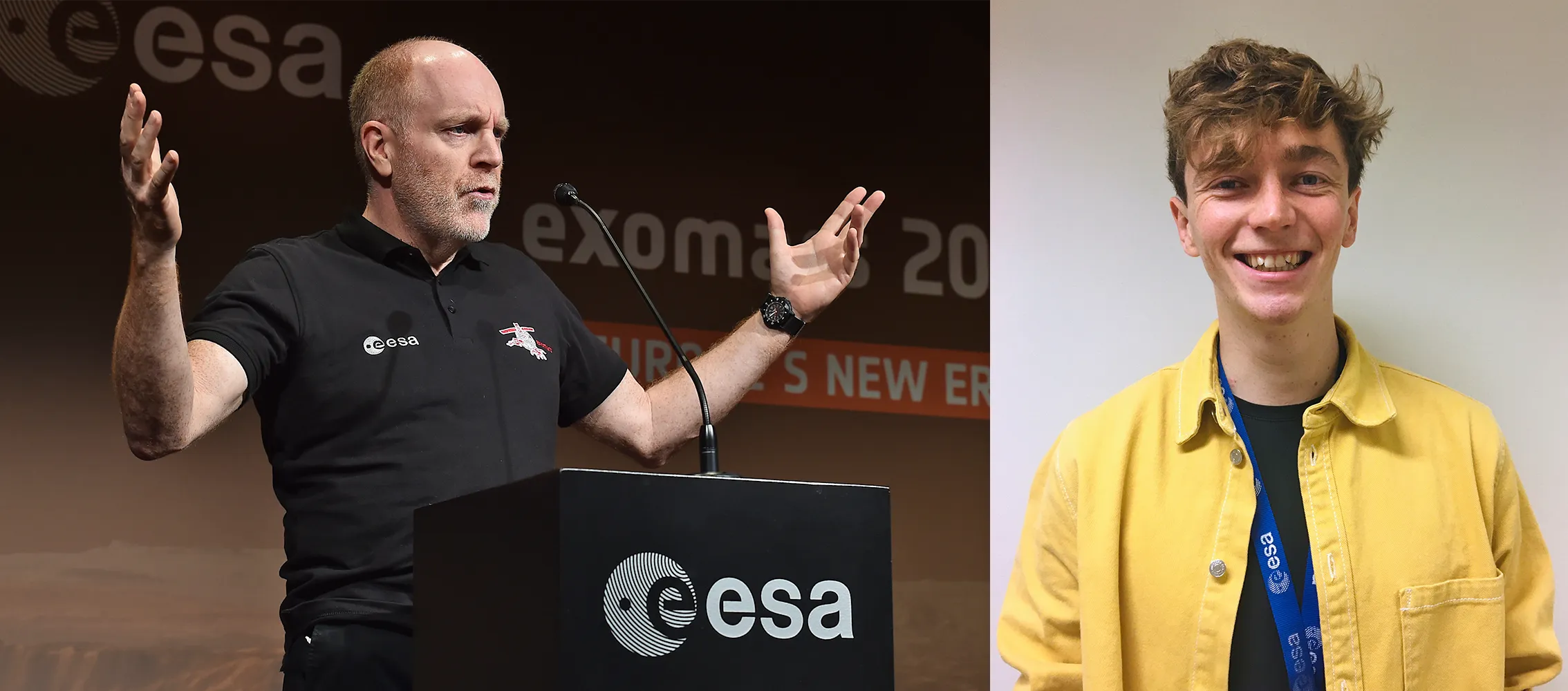 Two images. On the left is a portrait of Mark McCaughrean. He is standing behind a lectern and speaking. On the right is a headshot of Samuel Pearson, who is wearing a yellow jacket and smiling.