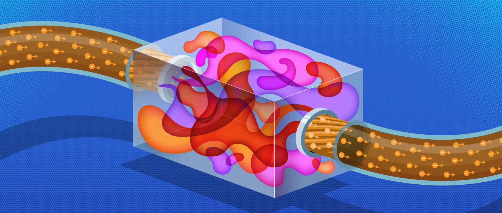 An illustration of electric current flowing through two types of materials. In the normal wire, current is represented by discrete electrons. In the unusual material, it is transformed into a psychedelic swirl of colors.