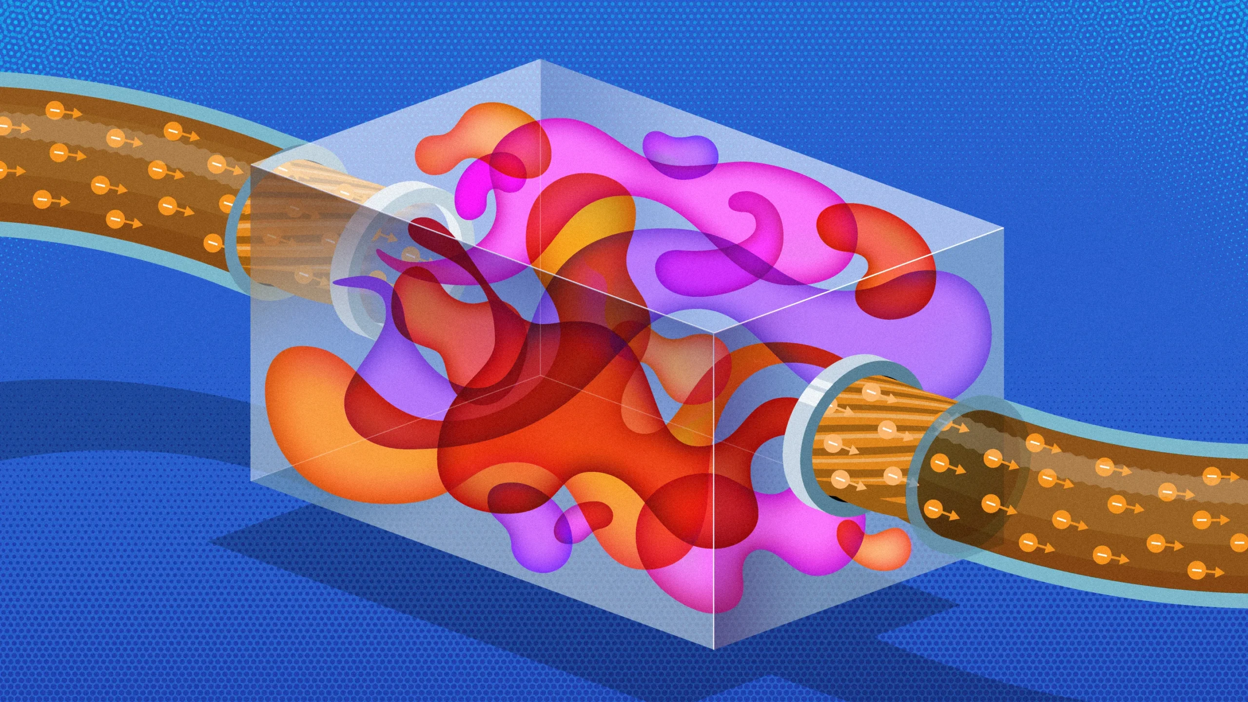 An illustration of electric current flowing through two types of materials. In the normal wire, current is represented by discrete electrons. In the unusual material, it is transformed into a psychedelic swirl of colors.