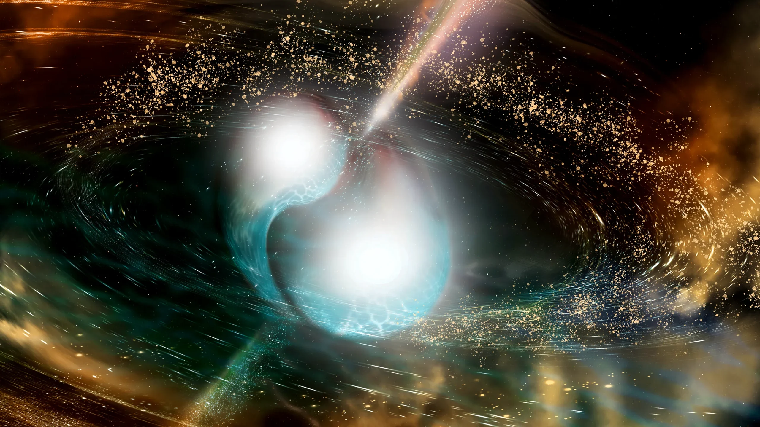 An illustration of two neutron stars spiraling in toward one another, about to collide. A jet of light erupts from the merger, which is surrounded by a glittering ring of dust.