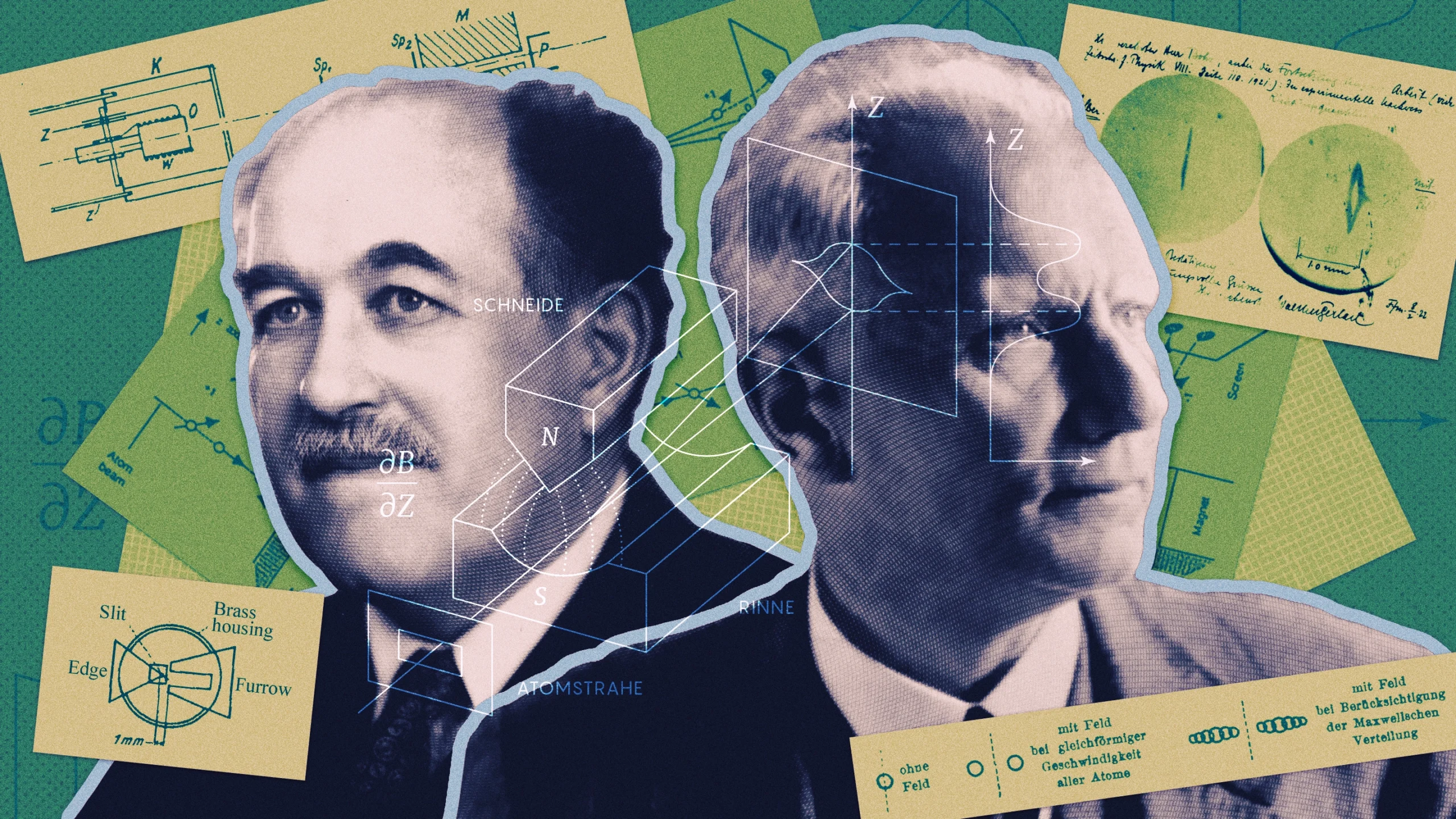 A collage of images. Black-and-white portraits of Otto Stern and Walther Gerlach are in the center, surrounded by sketches of their experiment and a photograph of the detector they used to track the journeys of silver atoms.