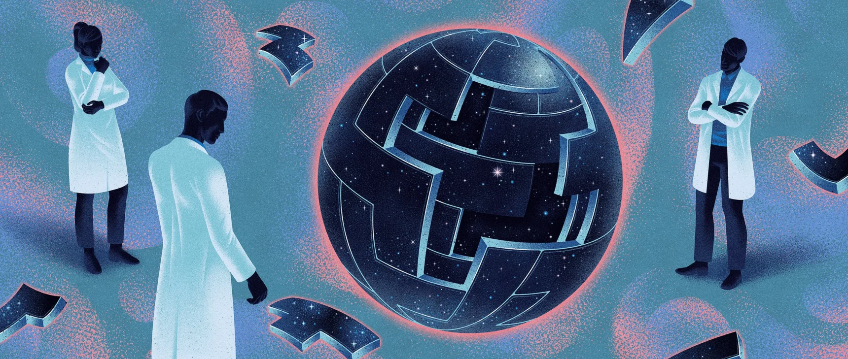 An illustration. Three scientists surround a spherical puzzle that, when assembled, will show an image of the night sky. Puzzle pieces that don’t fit well float between them.