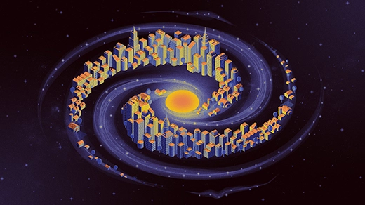 An illustration of the Milky Way galaxy. Its spiral arms are filled with buildings of varying density and height.