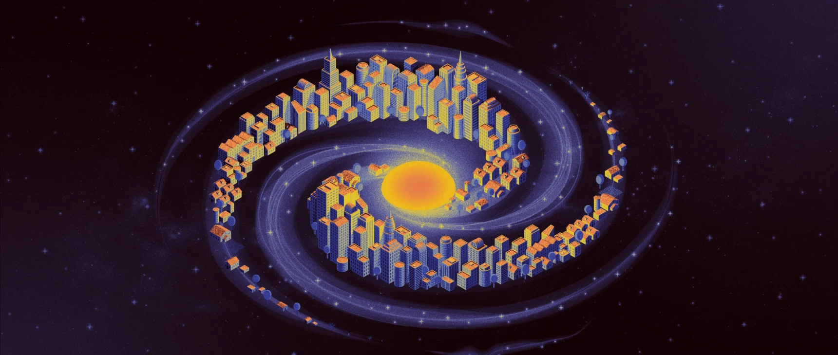 An illustration of the Milky Way galaxy. Its spiral arms are filled with buildings of varying density and height.