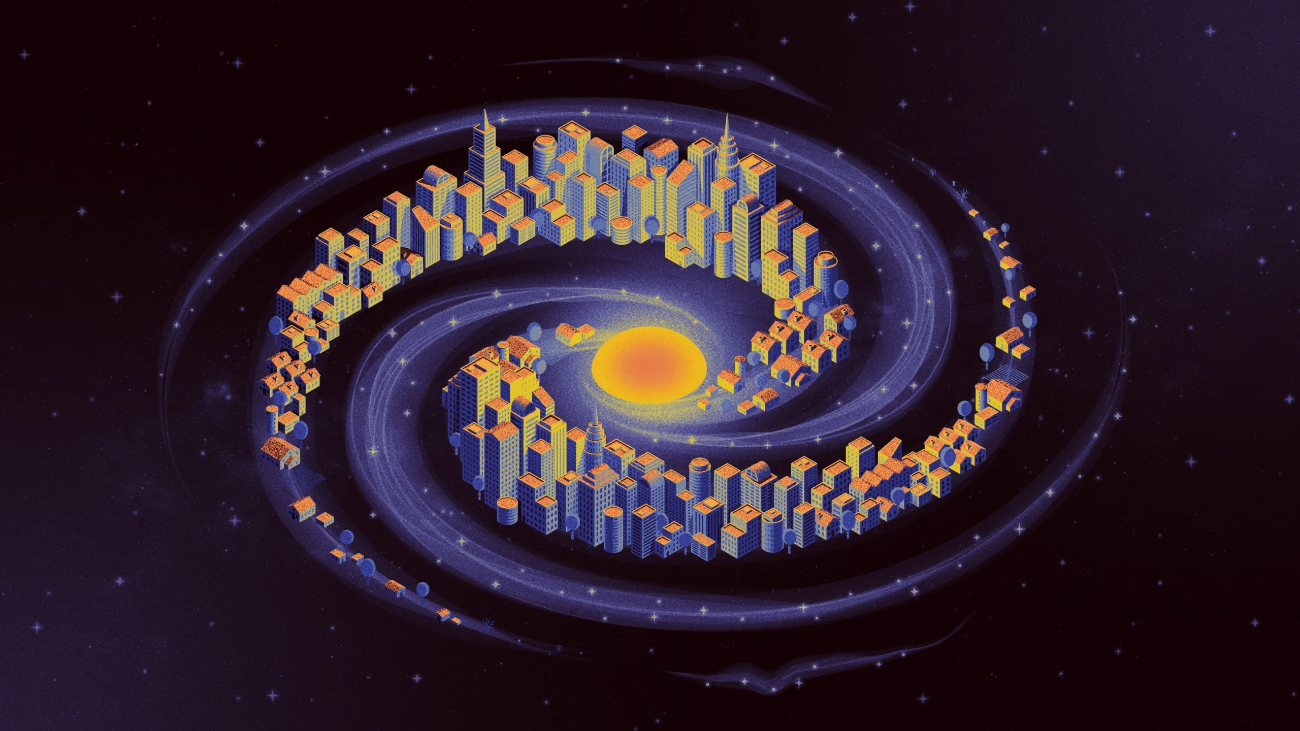 An illustration of the Milky Way galaxy. Its spiral arms are filled with buildings of varying density and height.