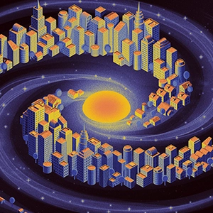 An illustration of the Milky Way galaxy. Its spiral arms are filled with buildings of varying density and height.