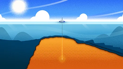 An illustration of a ship drilling into the seafloor. The ship is atop 850 meters of water and has drilled more than 1200 meters into a cache of mantle rocks beneath the ocean floor.