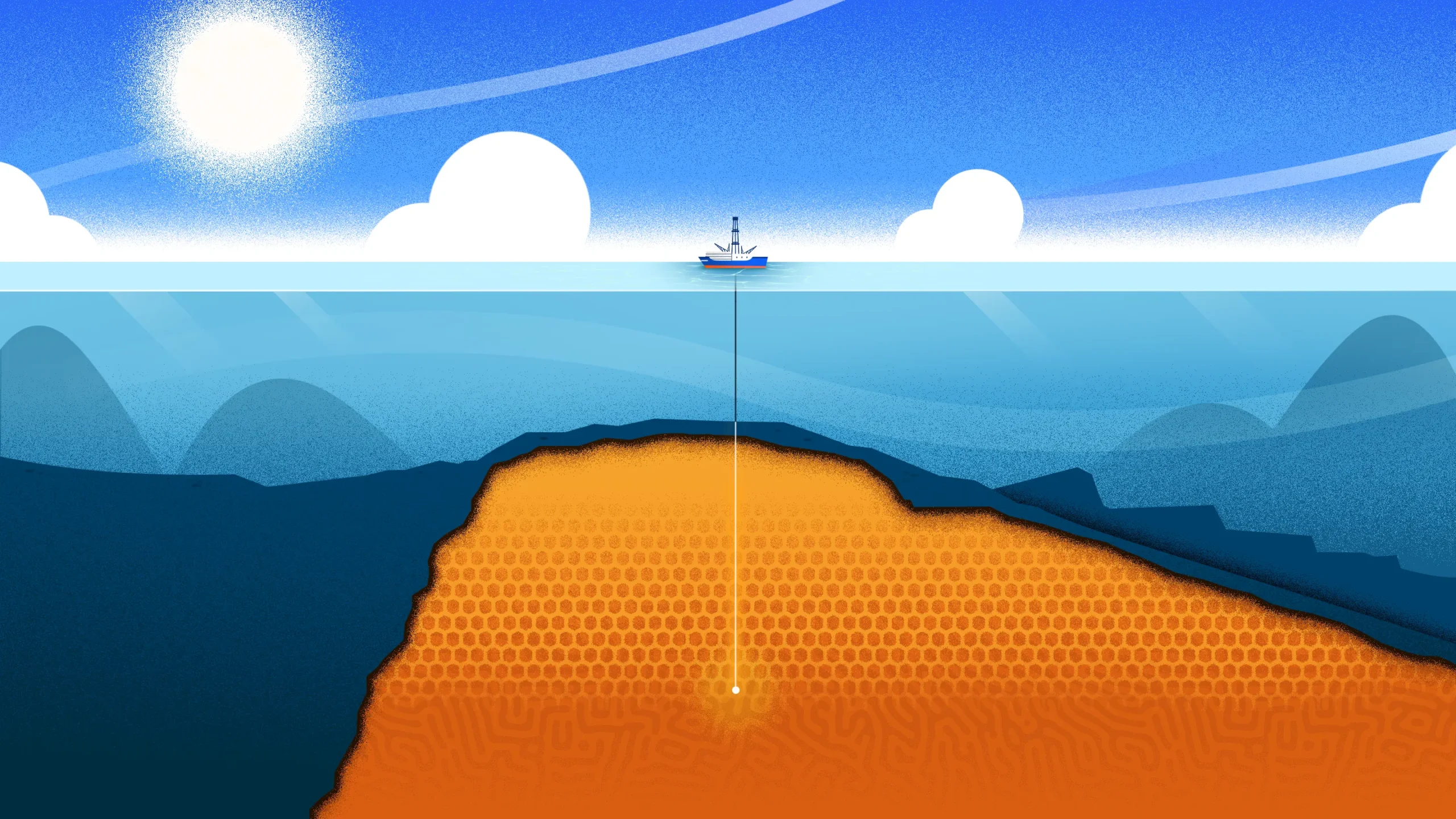 An illustration of a ship drilling into the seafloor. The ship is atop 850 meters of water and has drilled more than 1200 meters into a cache of mantle rocks beneath the ocean floor.